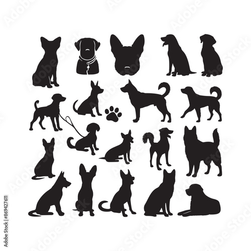 Set of vector black silhouettes of a labrador retriever dogs in different poses isolated on a white background. Lies, stands, sits, jumps, eats, barks,runs. Vector