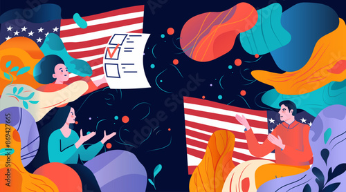 US presidential election voting scene with people discussing ballot and American flag vibrant abstract background elements website design