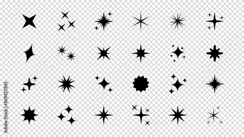 Set of original star sparkle shapes. Abstract shine effect vector sign. Retro futuristic bright vector icons collection. Glowing light effect, twinkle templates stars and bursts, shiny flash. © ROMAN RYBALKO