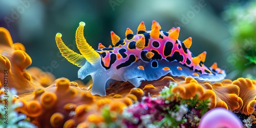 A closeup photo of a colorful nudibranch crawling on a bed of vibrant algae, showcasing the incredible diversity of underwater life