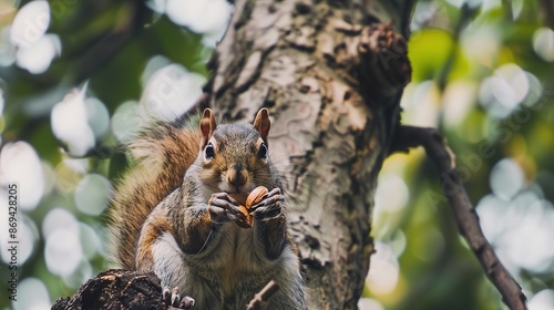 Squirrel Feasting on Nuts atop Tree Canopy