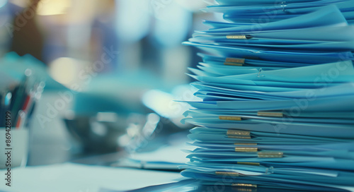  medical records, stack of medical records and stethoscope on on a desk, health information management Concept , collection of medical data being processed 