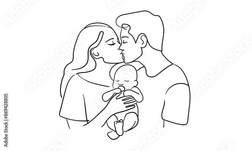 Father kisses mother, happy family, newborn continuous line art drawing isolated on white background. Vector illustration