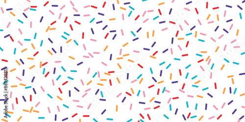 Donut sweet confetti background. Sweet cake, donut texture pattern wallpaper. Vector illustration.