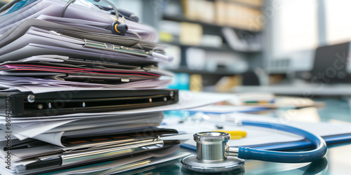  medical records, stack of medical records and stethoscope on on a desk, health information management Concept , collection of medical data being processed  photo