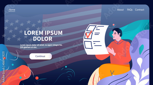 USA presidential election voter holding ballot large checkmark American flag background colorful abstract elements website design template