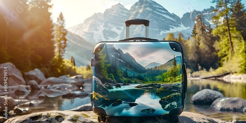 Ecofriendly travel suitcase with mountain river landscape design. Concept Eco-Friendly Travel, Sustainable Suitcase, Mountain River Landscape, Stylish Design photo