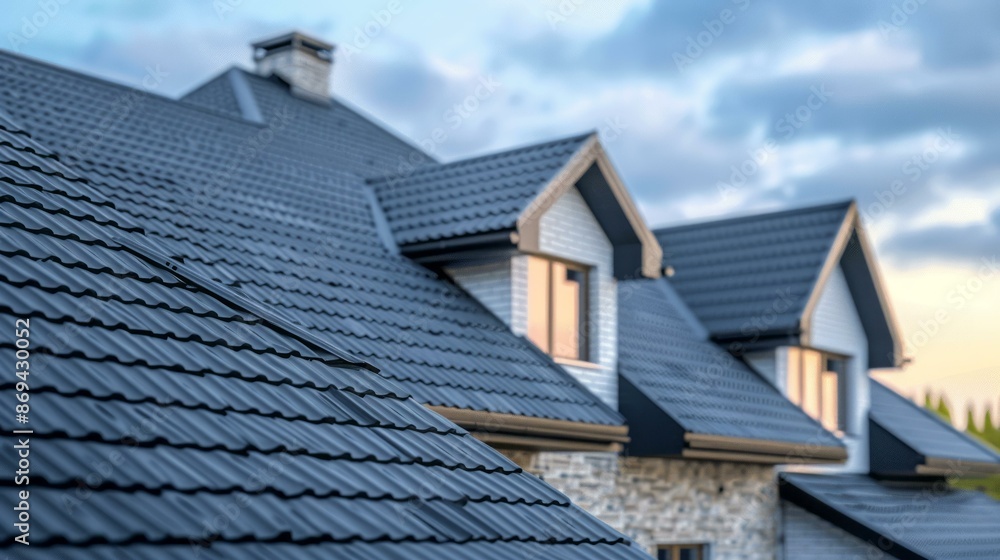 Modern houses with black tile roofs. New housing development with modern architecture featuring sleek black tile roofs against a cloudy sky. Modern houses with black tile roofs. New housing development with modern architecture featuring sleek black tile roofs against a cloudy sky.