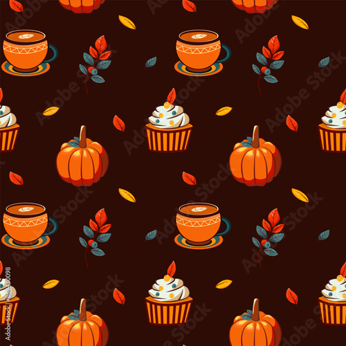 Hello autumn, autumn season, leaves, berries, pumpkin, coffee, hot drinks, vector lettering, pattern