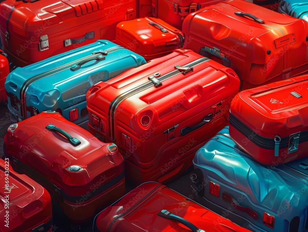 Red suitcase among luggage, vibrant, detailed, realistic illustration Red suitcase among luggage, vibrant, detailed, realistic illustration