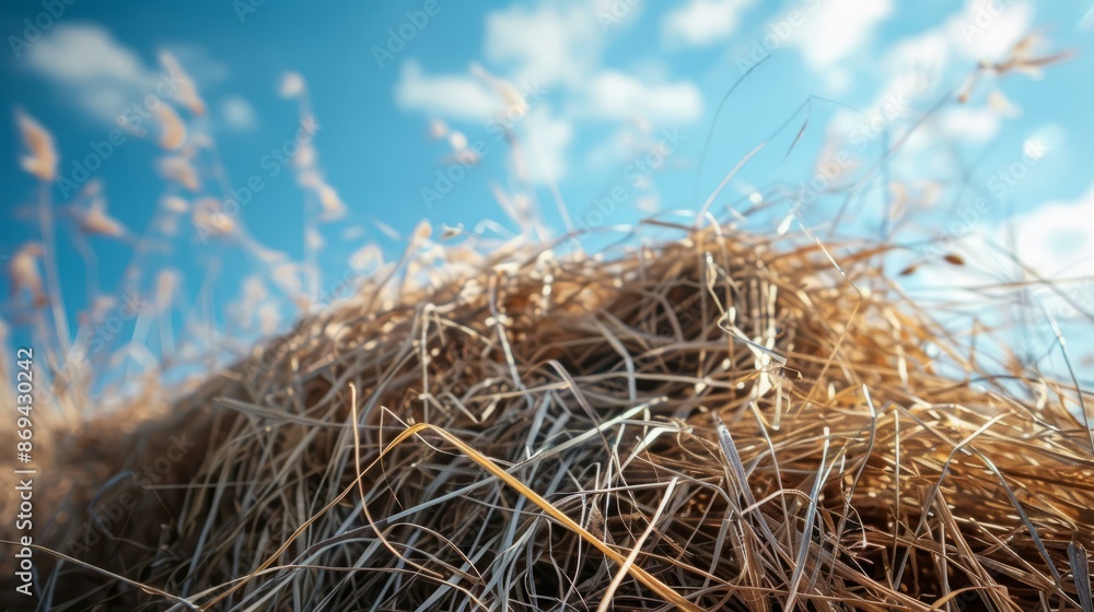 Golden hay bale under blue sky. Close-up of a golden hay bale with a bright blue sky and fluffy white clouds in the background. Golden hay bale under blue sky. Close-up of a golden hay bale with a bright blue sky and fluffy white clouds in the background.
