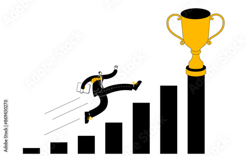 A businessman in a business suit runs along the sales chart to the winning cup. Vector illustration on the theme of success in business and sales.