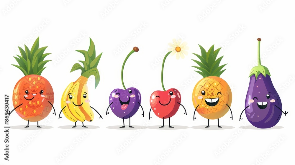 Retro cartoons of fruits and flowers. Daisy, mushroom, banana, strawberry, cherry, pineapple, heart with funny poses and emotions. Retro cartoons of fruits and flowers. Daisy, mushroom, banana, strawberry, cherry, pineapple, heart with funny poses and emotions.
