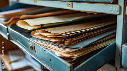 Open drawer full of files and paperwork. A vintage blue metal drawer overflowing with messy stacks of old folders and files.