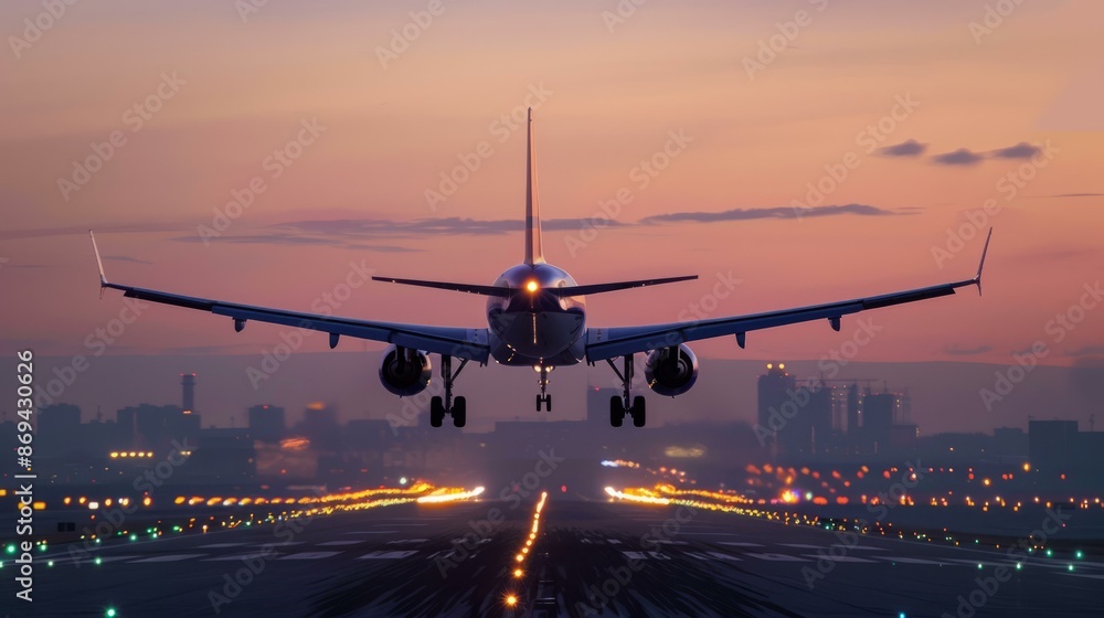 Airplane landing at sunset. Passenger airplane landing at an airport runway during a vibrant sunset. Airplane landing at sunset. Passenger airplane landing at an airport runway during a vibrant sunset.