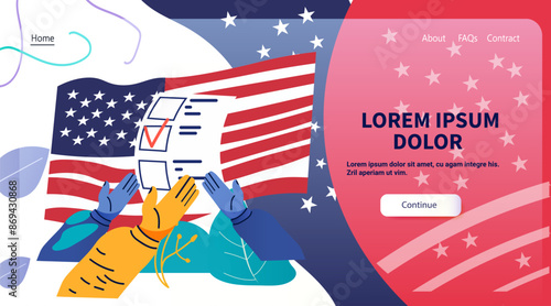 US presidential election voting concept Hands casting ballots against American flag background website design