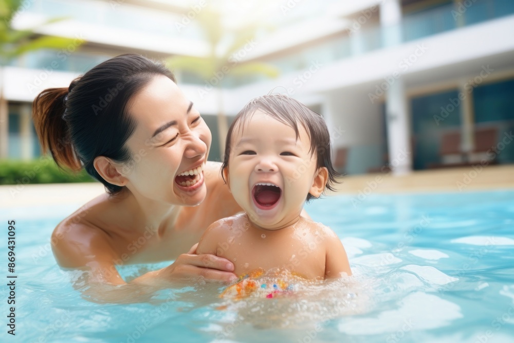 Happy Asian toddler girl smiling joyfully swimming laughing bonding. Happy Asian toddler girl smiling joyfully swimming laughing bonding.