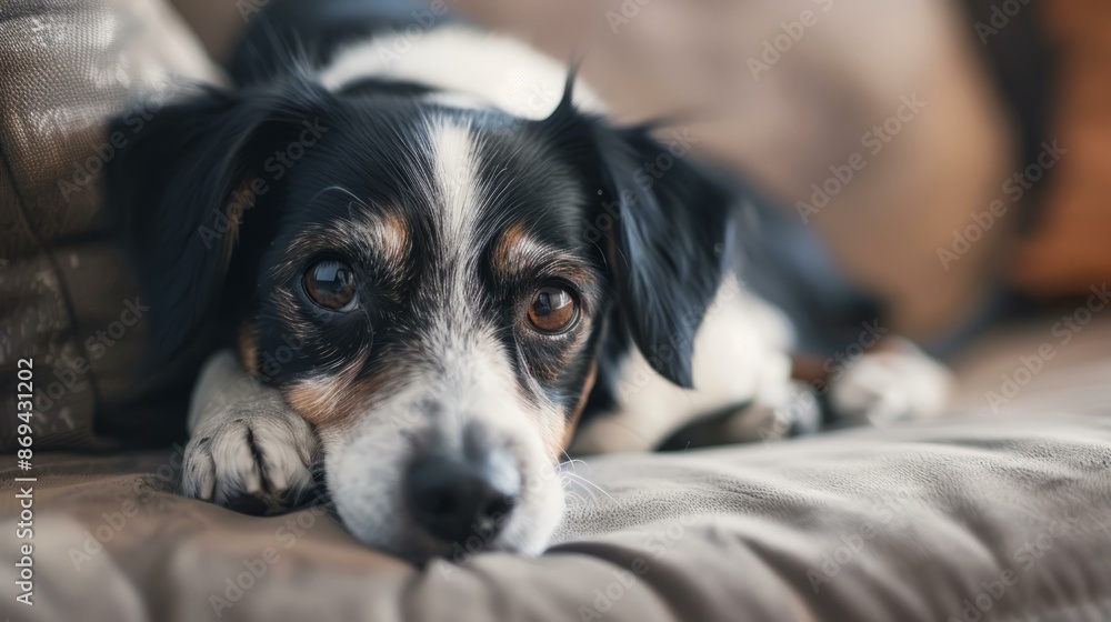 Sad dog on couch. Black and white dog resting its head sadly on a couch. Sad dog on couch. Black and white dog resting its head sadly on a couch.