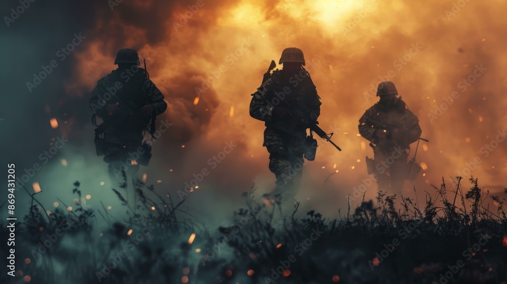 Soldiers advancing through smoke and fire. Silhouettes of soldiers in action, bravely advancing through a battlefield filled with smoke and fire. Soldiers advancing through smoke and fire. Silhouettes of soldiers in action, bravely advancing through a battlefield filled with smoke and fire.