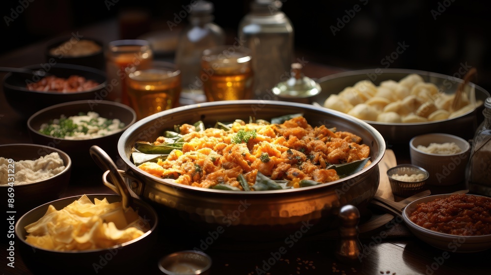 a table with several bowls of food including rice and vegetables. a table with several bowls of food including rice and vegetables.
