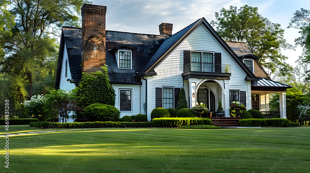 A white house with a black roof and a brick chimney, sitting on a lush green lawn. A white house with a black roof and a brick chimney, sitting on a lush green lawn.