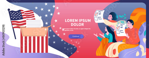 US presidential election voting scene with people casting ballots American flag ballot box colorful background stars modern website design