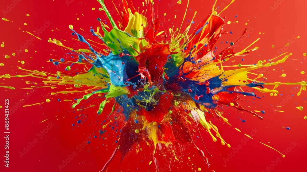 Photo of abstract color explosion splash on red background. Photo of abstract color explosion splash on red background.