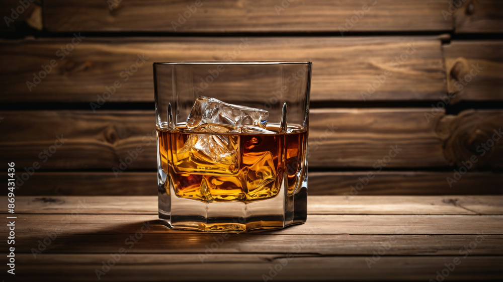 Whiskey with ice in glass on dark background, copy space Whiskey with ice in glass on dark background, copy space