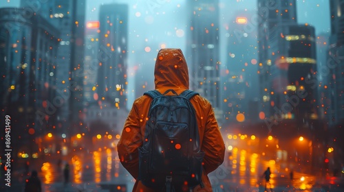 Person In Orange Raincoat Walking Through Rainy City at Night © fotofabrika