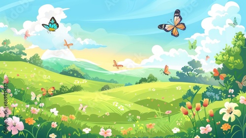 A summer valley landscape with flowers. Cartoon illustration of beautiful spring scenery, butterflies flying above grass on hills, trees, and bushes, and fluffy white clouds in the sky.