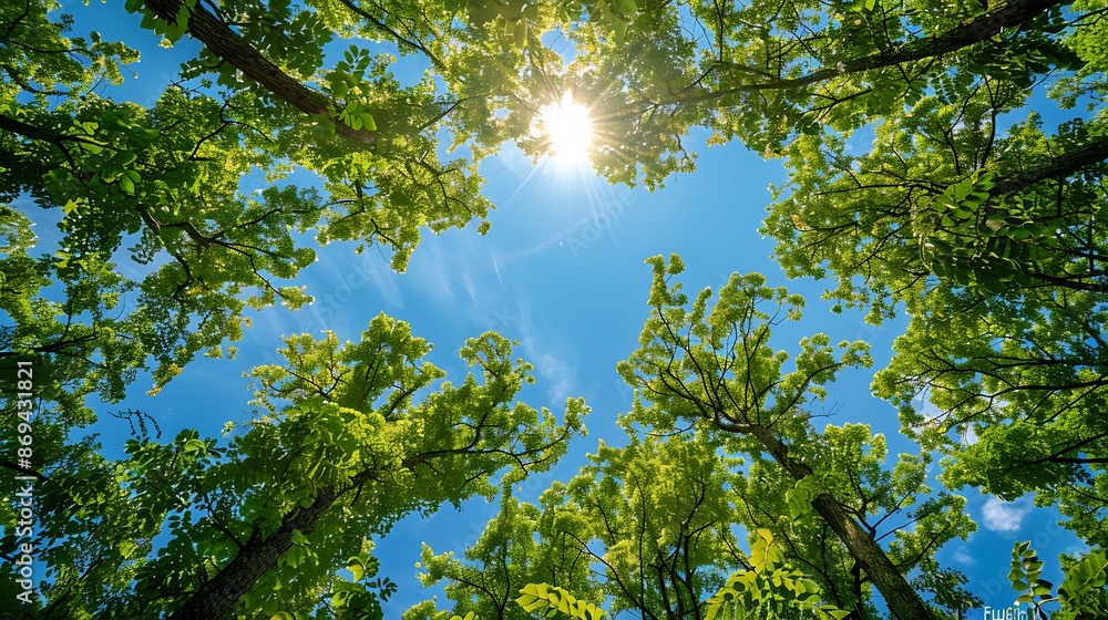 Fototapeta premium Vibrant Spring Foliage Framing the Bright Blue Sky