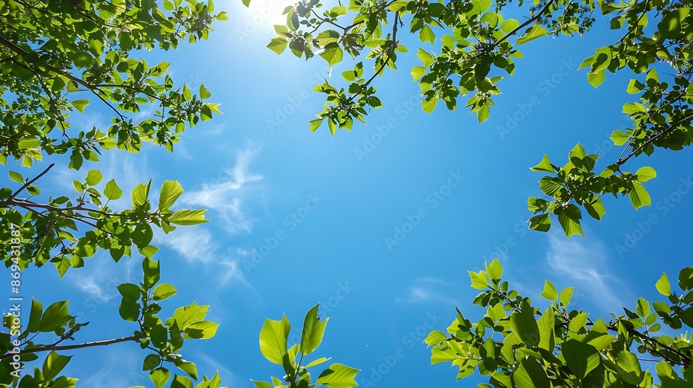 Fototapeta premium Vibrant Spring Foliage Framing the Bright Blue Sky