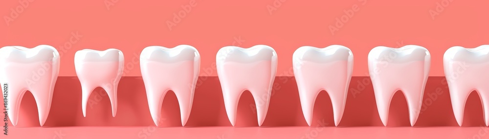 A row of clean, shiny teeth on a pink background, representing dental hygiene and health. A row of clean, shiny teeth on a pink background, representing dental hygiene and health.