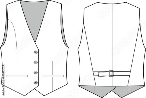 4 Button basic waistcoat flat sketch technical drawing