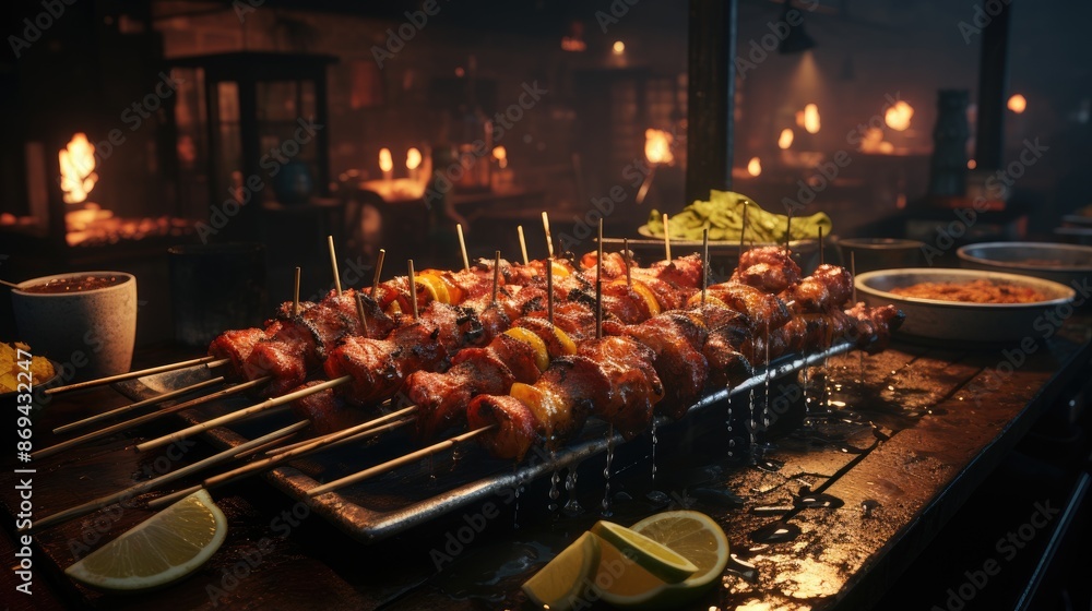 a bar with meats and vegetables on the grill. a bar with meats and vegetables on the grill.