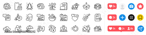 Send box, Employees teamwork and Report checklist line icons pack. Social media icons. Inventory report, Telemedicine, Podcast web icon. Holiday presents, Healthy face, Clipboard pictogram. Vector