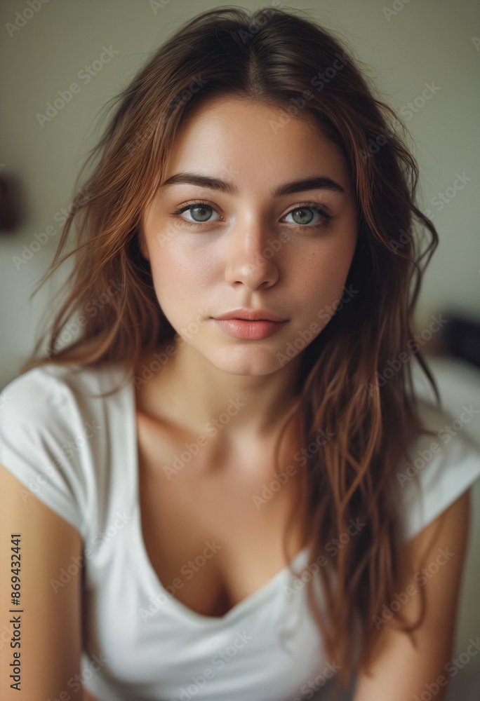 Beautiful cute dark red-haired girl in a white t-shirt or tank top is sitting on the bed in the bedroom and looking at the camera Beautiful cute dark red-haired girl in a white t-shirt or tank top is sitting on the bed in the bedroom and looking at the camera