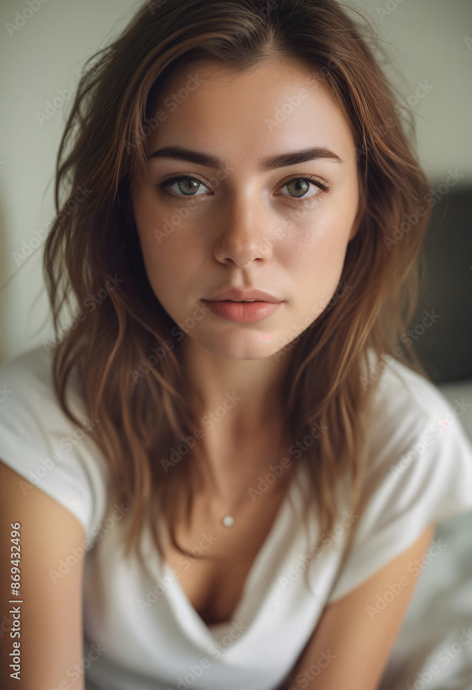 Beautiful cute dark red-haired girl in a white t-shirt or tank top is sitting on the bed in the bedroom and looking at the camera Beautiful cute dark red-haired girl in a white t-shirt or tank top is sitting on the bed in the bedroom and looking at the camera