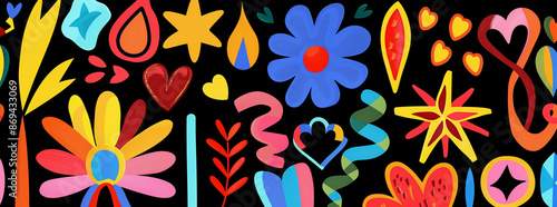 Colorful shapes, stars, flowers, hearts, leaves & ribbons on black background in 60s pop art style with cartoonish, simple & bold design.