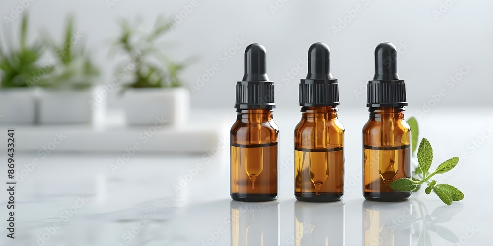 Glass bottles of organic essential oils with herbal extracts for aromatherapy. Concept Aromatherapy, Organic Skincare, Herbal Remedies Glass bottles of organic essential oils with herbal extracts for aromatherapy. Concept Aromatherapy, Organic Skincare, Herbal Remedies