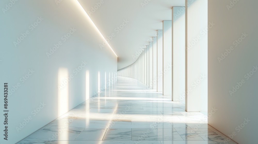 Obraz premium A modern and sleek white corridor designed with minimalist style and LED lighting, creating a futuristic atmosphere