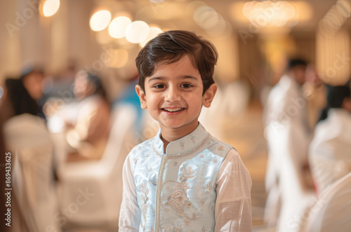 Full body photo of a happy young Indian boy wearing a white shirt and blue kurti with silver embroidery, standing in the center at a luxury wedding event, in an elegant room setting 