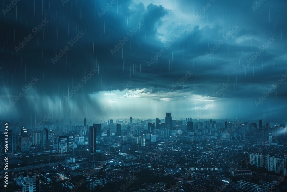Fototapeta premium With gray rainy clouds hovering overhead, the dramatic sky created an eerie atmosphere downtown, where the threat of a thunderstorm lingered
