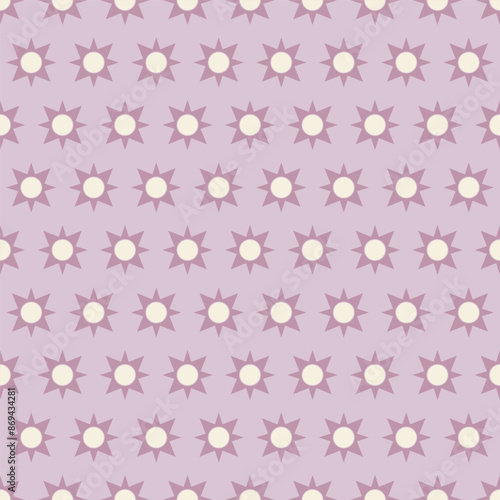 Kitschy soft pastel vintage 1950s purple stars with vintage beige white dots