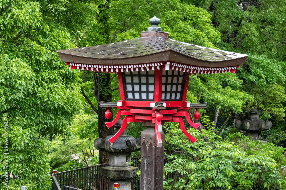Traditional Japanese red wooden lantern in Ueno Park, Tokyo, Traditional Japanese red wooden lantern in Ueno Park, Tokyo,