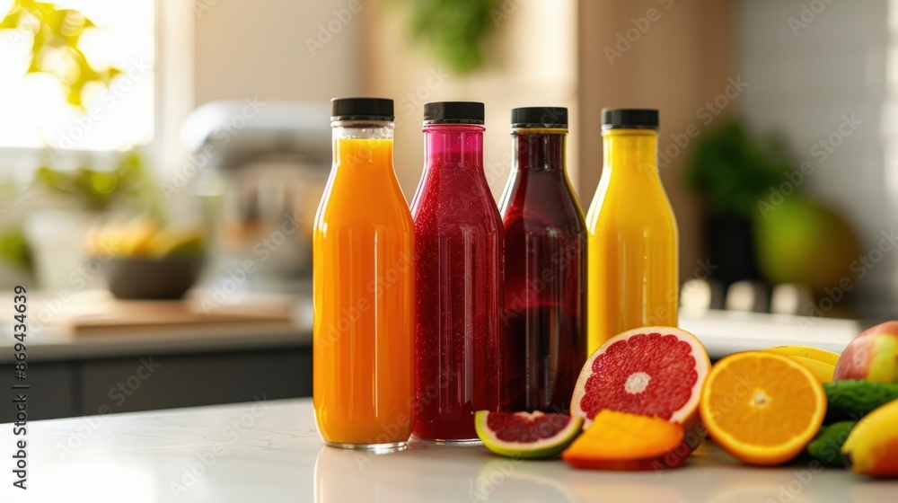 Vibrant fruit juice bottle mock up with fresh fruit slices on a bright kitchen counter, the clean background providing an area for text with a luminous touch Vibrant fruit juice bottle mock up with fresh fruit slices on a bright kitchen counter, the clean background providing an area for text with a luminous touch