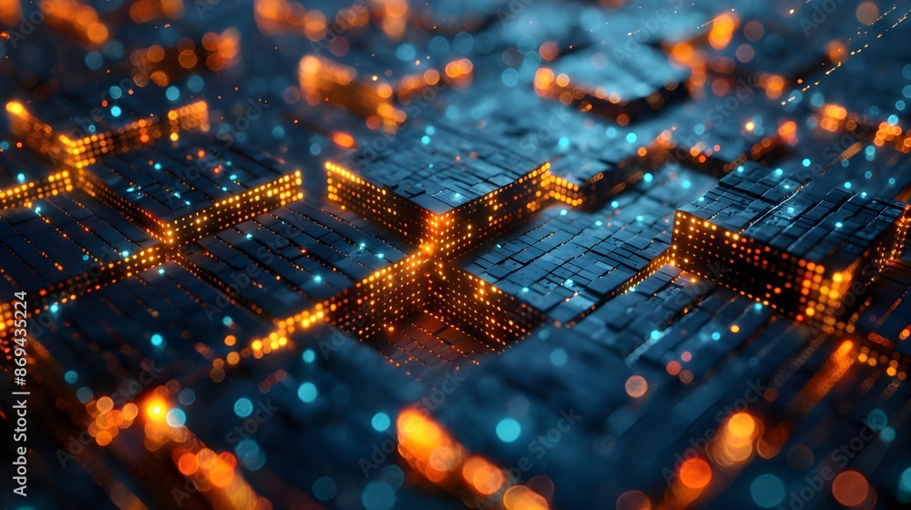 Abstract glowing grid with orange and blue lights. Abstract glowing grid with orange and blue lights.