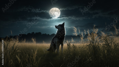 The image shows a silhouette of a wolf howling at a full moon in a field of tall grass.
