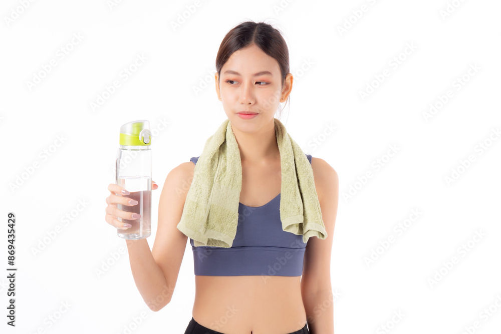 Fit young asian woman taking a break from workout holding a clear water bottle, towel over her shoulders, isolated white background, Active woman resting with water bottle, sport for health. Fit young asian woman taking a break from workout holding a clear water bottle, towel over her shoulders, isolated white background, Active woman resting with water bottle, sport for health.