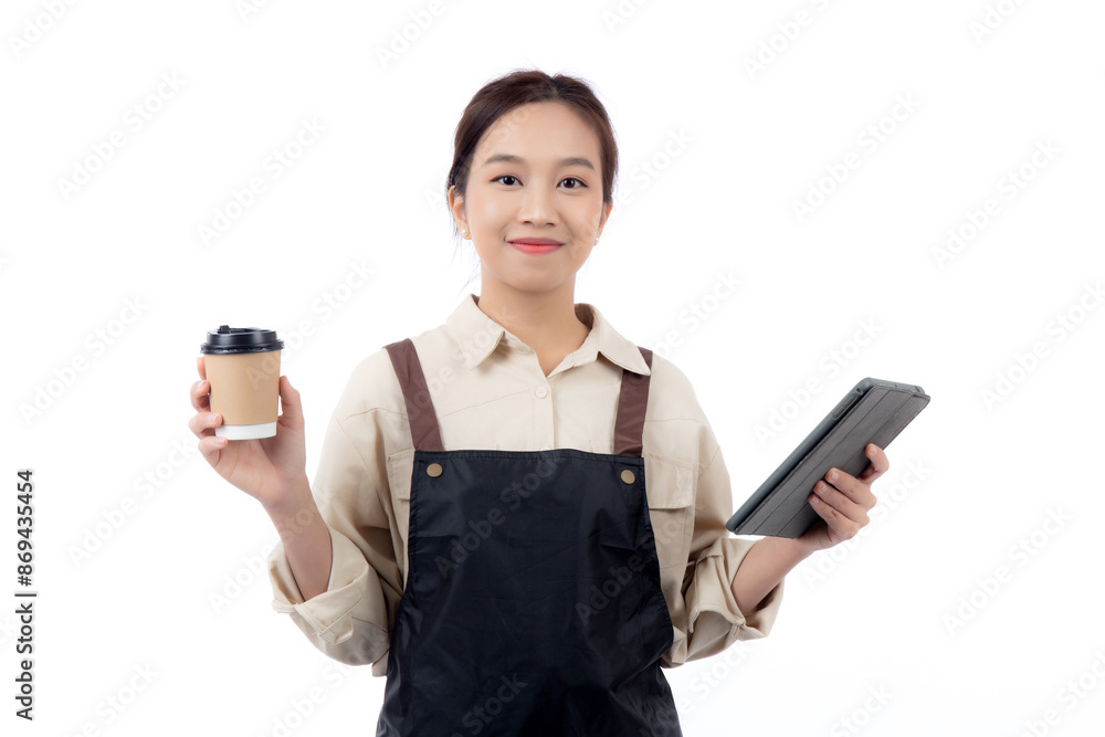 Portrait young barista woman holding coffee cup and tablet wearing apron with excited isolated white background, entrepreneur expression with happiness, small business or startup business. Portrait young barista woman holding coffee cup and tablet wearing apron with excited isolated white background, entrepreneur expression with happiness, small business or startup business.
